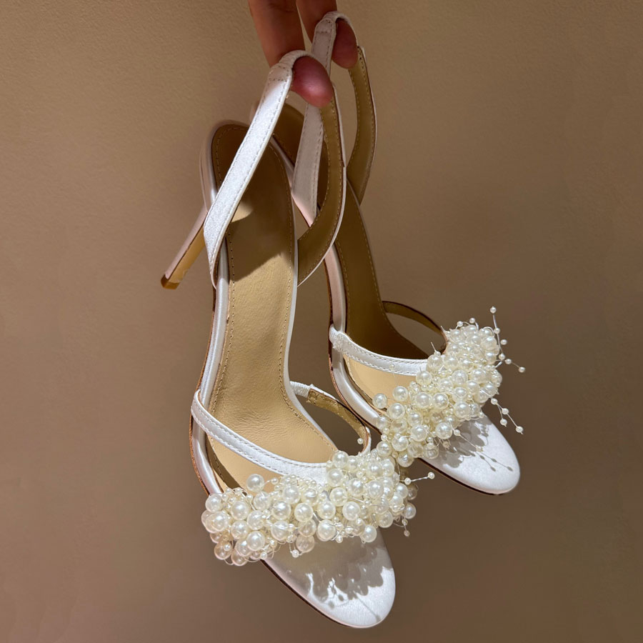 High quality Satin Pearl High heeled sandals womens High heels dress shoes Luxury Designers Party Wedding shoes 10cm