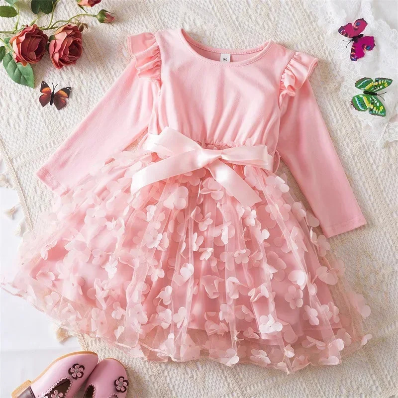 Robe pour les enfants filles rose rose des robes de princesse élégante costume de fête d'anniversaire pour manches longues 2-6 ans