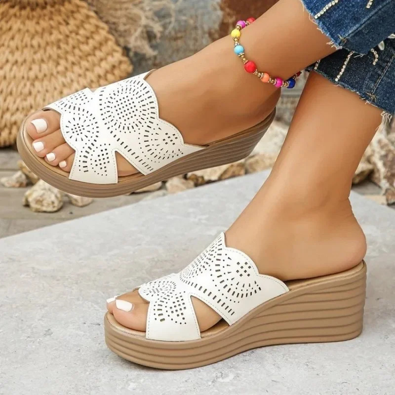 Women Round Toe Wedges Heel Shoes Ladies Casual Open Toe Comfort Spring Summer Rhinestone Slippers Party Sandals Plus Size 35-43 250814