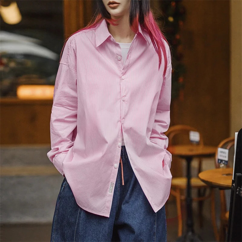 Maden Casual Pink and White Striped Hollow Out Shirt Womens Spring Oversized Long Sleeve Vacation Blouse Single Breasted 250813