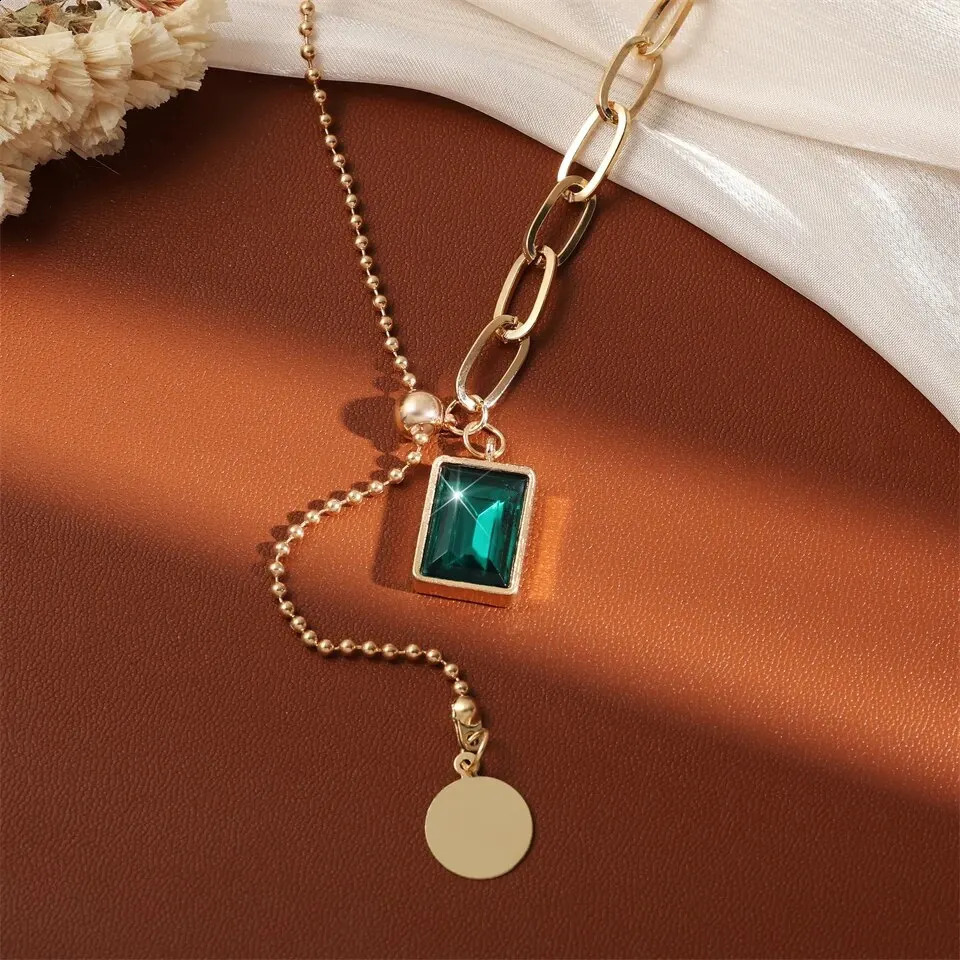 TRENDY Square en acier inoxydable en acier vert zircone Colliers de pendentif pour femmes filles or couleur métal rond bijoux anniversaire 250811