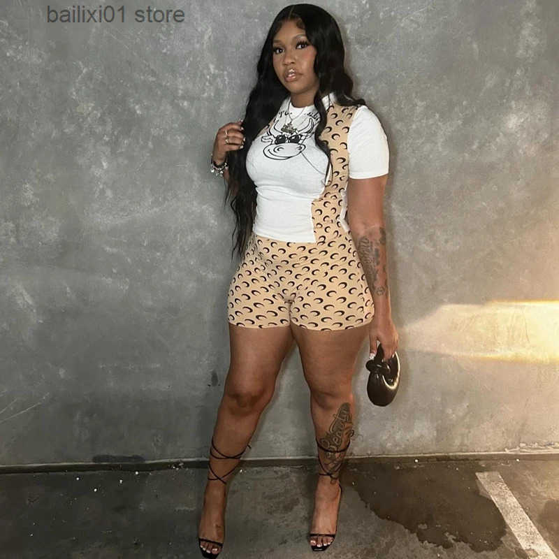 STYLISH LADY Moon Letter Printed Sports 2 Piece Set Women Short Slve T Shirt and Shorts Suits 2025 Summer Casual Outfits T250816