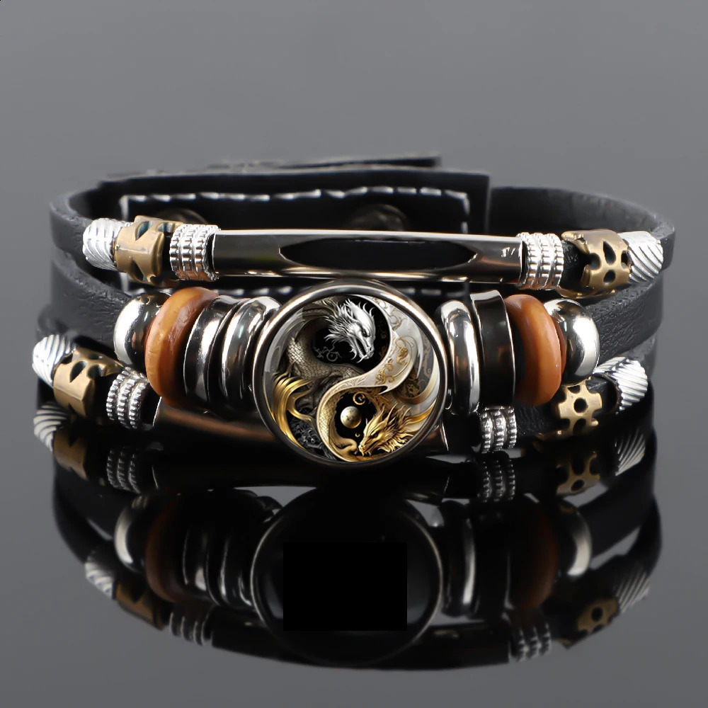Yin et Yang Moon Dragon N Bracelet vintage pour hommes Bracelets en cuir punk multicouche noirs Bracelets d'anniversaire 250812