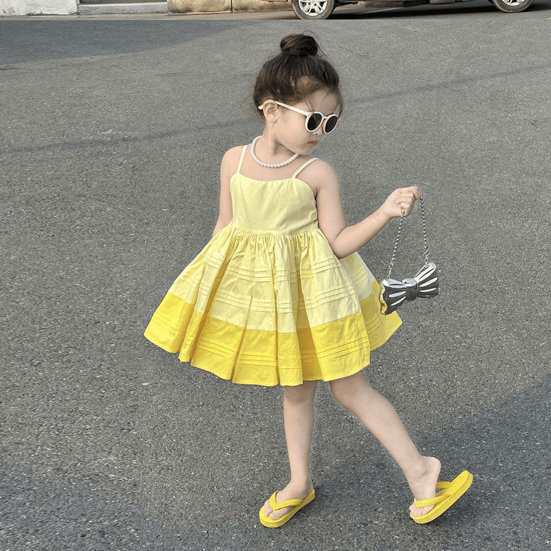 D205 Girls lemon yellow dress summer new style girl vacation style suspender skirt unique and beautiful puffy princess skirt-image-1071456276