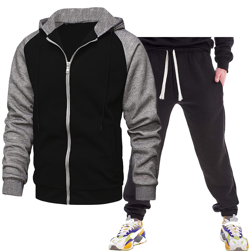 2025 New Men's Unique Color Block Fleece-Lined Zipper hoodie Hooded Cardigan Slim Fit Sweatshirt Set