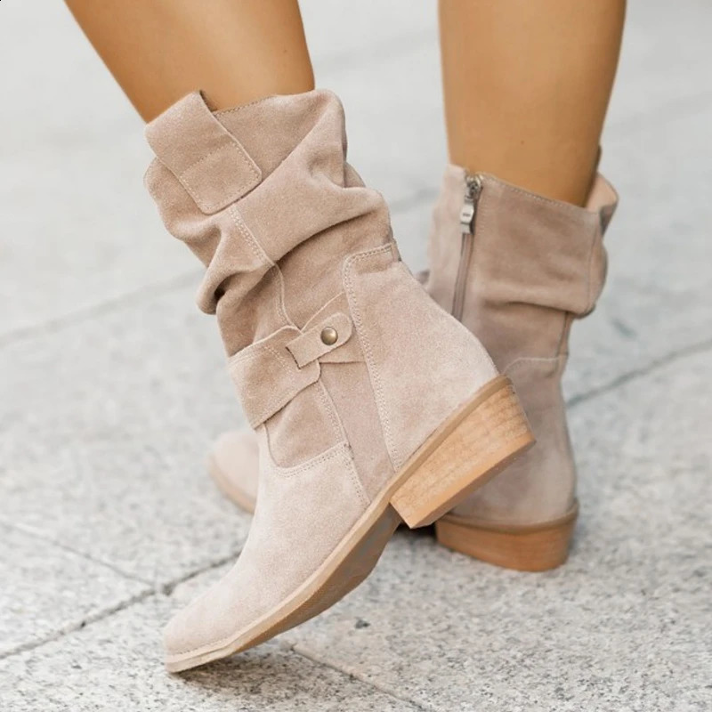 Womens Boots Suede Long Boots Soft Platform Boots Side Zipper Women Western Boot Plus Size Solid Color Chelsea Boot Botas Mujer 250809