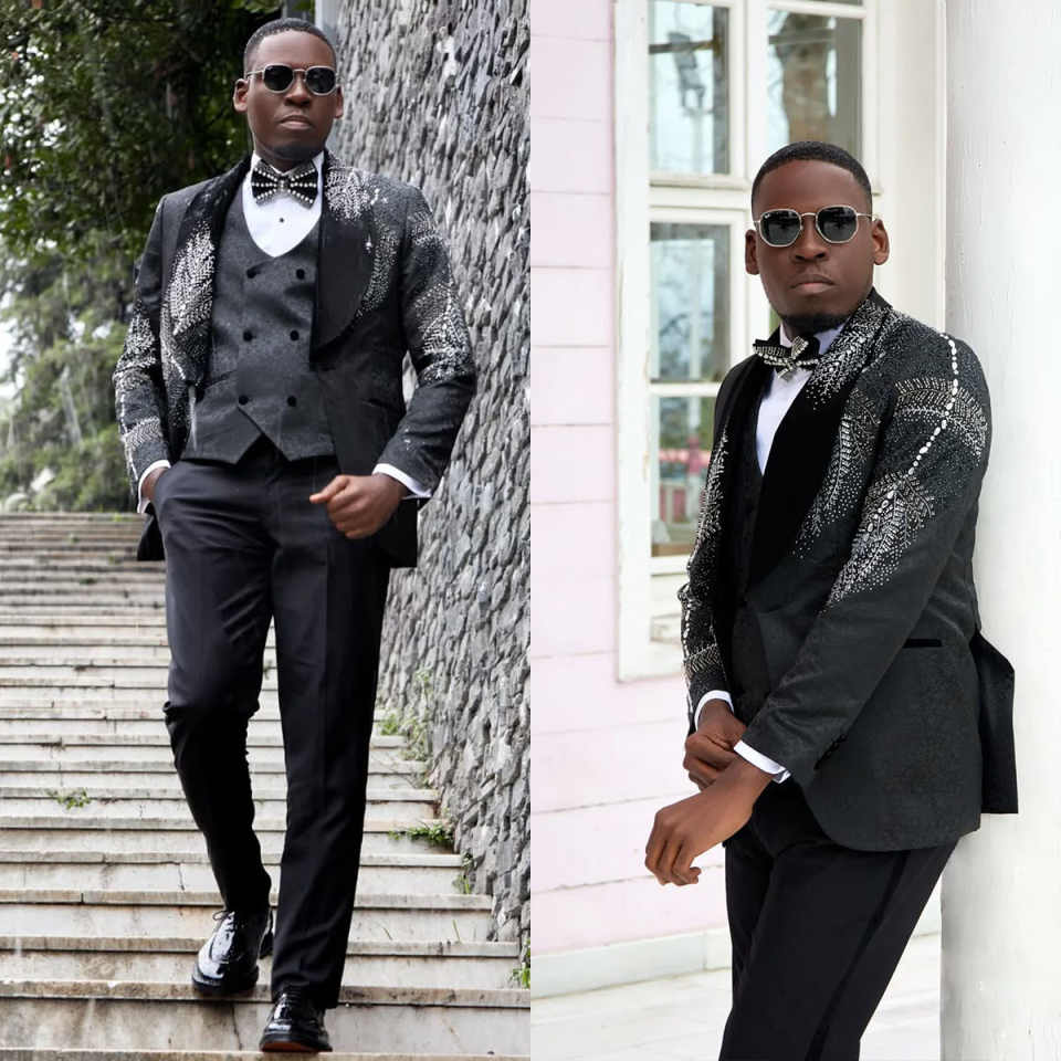 Black Pattern Mens Party Tuxedos 3 Pieces Beading Groom Pants Sets Male Fashion Formal Business Suit Customized Made Wedding Clothing