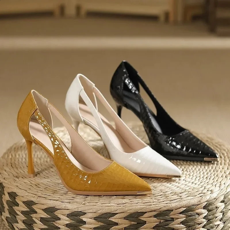 Stone patterned patent leather toe high heels hollow out sexy solid color commuting work heels metal pointed womens shoes 250814