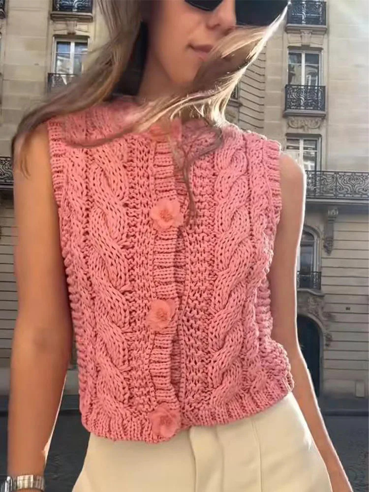 Casual Knitted Women Top Solid 3D Flower O-neck Sleeveless Single Breasted Slim Female Tank Spring Fashion Lady Vests 250811