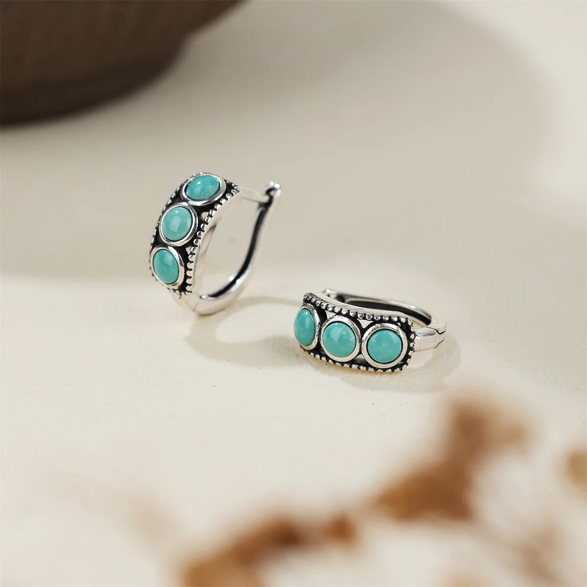 Vintage Non Tarnish Womens 925 Silver Earring Natural Raw Mineral Turquoise Hoop Earrings 250813