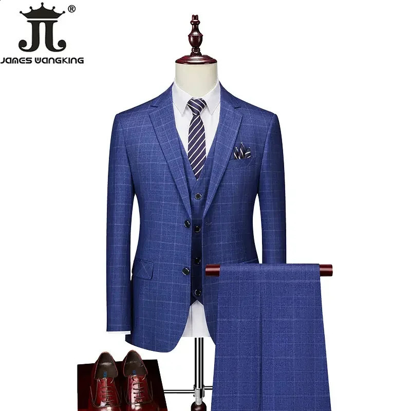 High-end Classic Blue or Gray Plaid Mens Casual Business Suit Retro Official Suit Groom Wedding Dress Jacket Vest Pants 250811