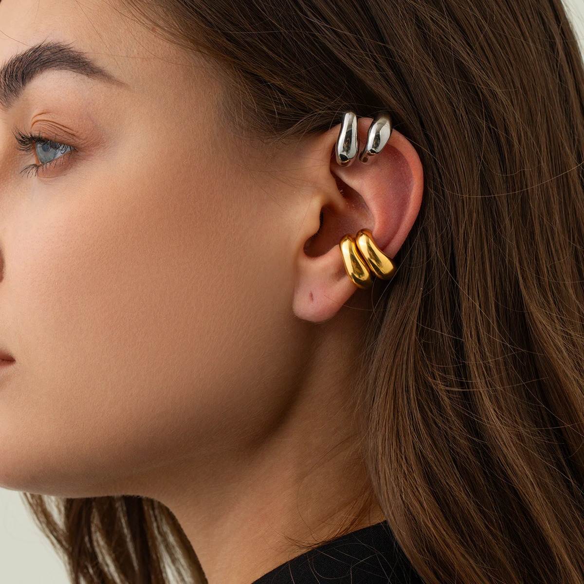 18K Gold Plated Stainless Steel Exquisite Punk Hip Hop Irregular Smooth Ear Clip Personality Charm Waterproof Trendy Jewelry250812