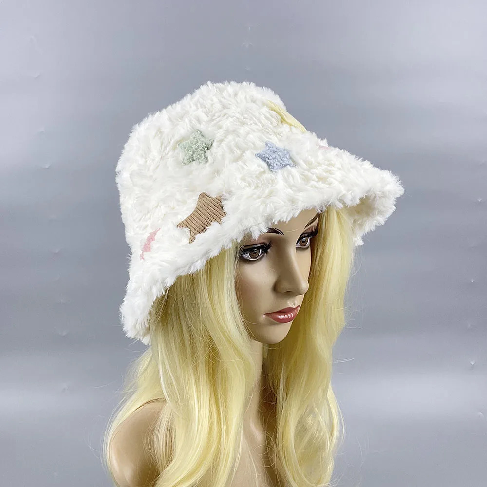 Winter Warm Cute Star Fisherman white Hat For Women Thicken Warm Caps Fashion Sale Baotou Wool Rabbit Fur Hat 250815