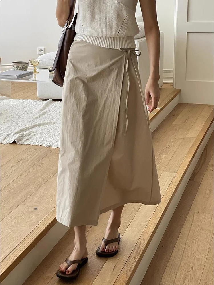 Elegant Womens Skirt Spring Korean Chic Long Skirts for Women Fashion Lady Solid Color Khaki High Waist A-line Skirt Women 250811
