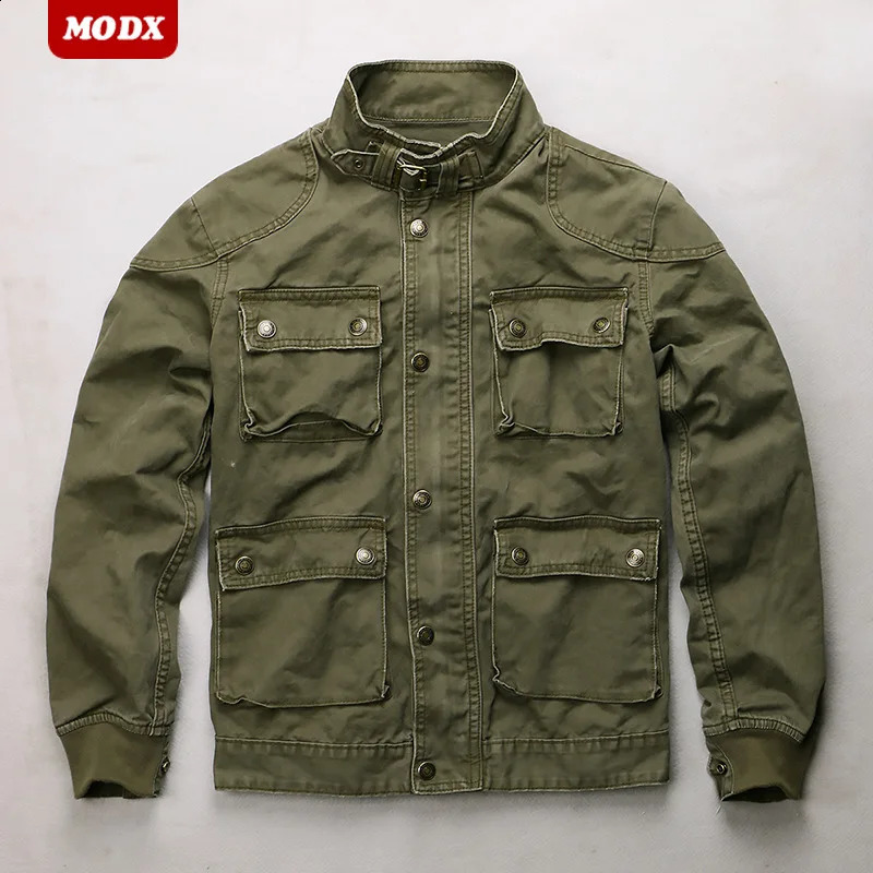 Retro Spring Men Casual Camo Jacket Fashionable Stand Up Collar Loose Cotton Coat Multi Pocket Wear Resistant Tactics Clothes 250811