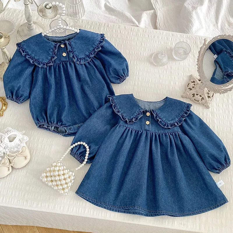 2025 Spring Sister Clothes Baby Girl Romper 1-5Yrs Girl Party Dress Long Sleeved Solid Color Denim Kids Princess Dresses 250815