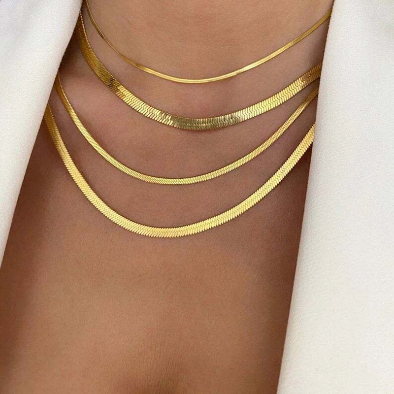 SUNSLL 2345MM Stainless Steel Gold Silver Color Flat Herringbone Snake Chain Necklace For Women Men Waterproof Choker Jewelry 250811