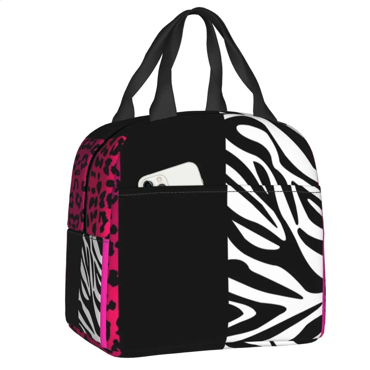 Custom Pink Zebra And Leopard Animal Print Stripes Portable Lunch Box for Leakproof Thermal Cooler Food Insulated Lunch Bag 250815