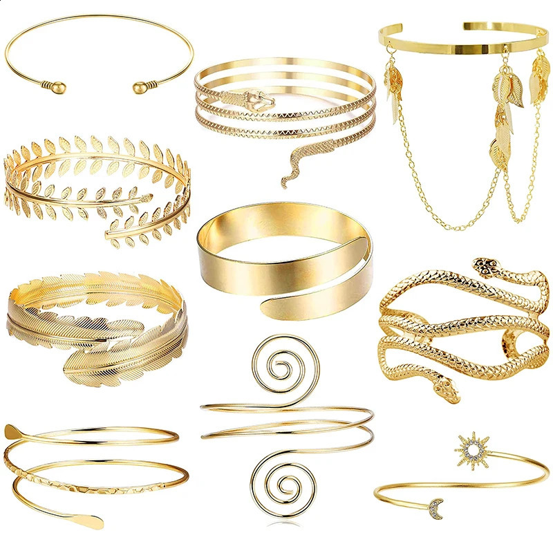 FTCY 10Pcs Arm Cuff Bracelets for Women Upper Arm Cuff Bangle Band Snake Feather Boho Gold Silver Color Adjustable Bracelet Set 250811