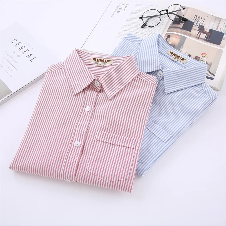 White Blue Pink Striped Shirt Women 2024 Spring Simple Casual Long Sleeves Blouses and Tops Office Fashion Ladies Clothes 250813