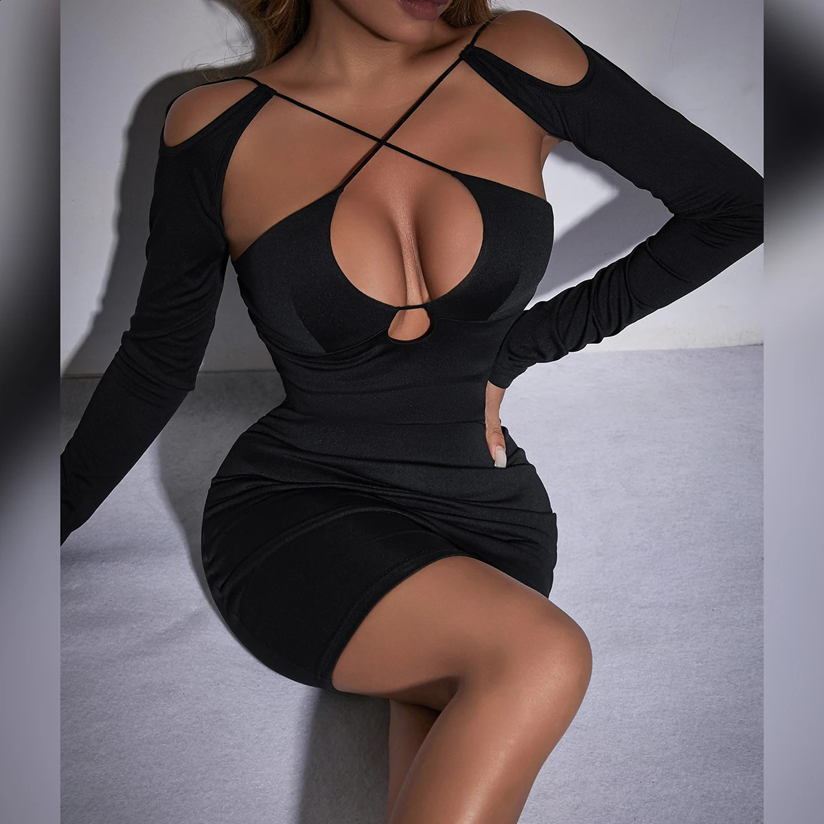BKLD Autumn Winter Fashion Cut Out Dress Party Elegant Womens Long Sleeve Backless Sexy Package Hip Bodycon Mini Dress 250808