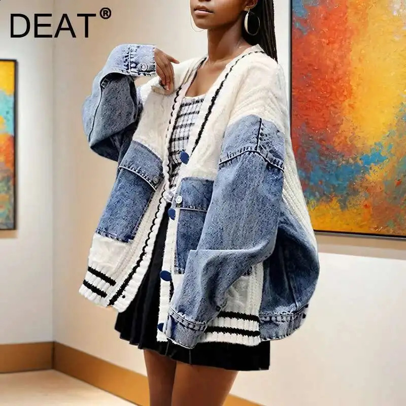 DEAT Fashion Trendy Womens Denim Pockets Patchwork Knit Cardigan Loose Vneck Long Sleeves Sweater Female Autumn 33A2150 250815