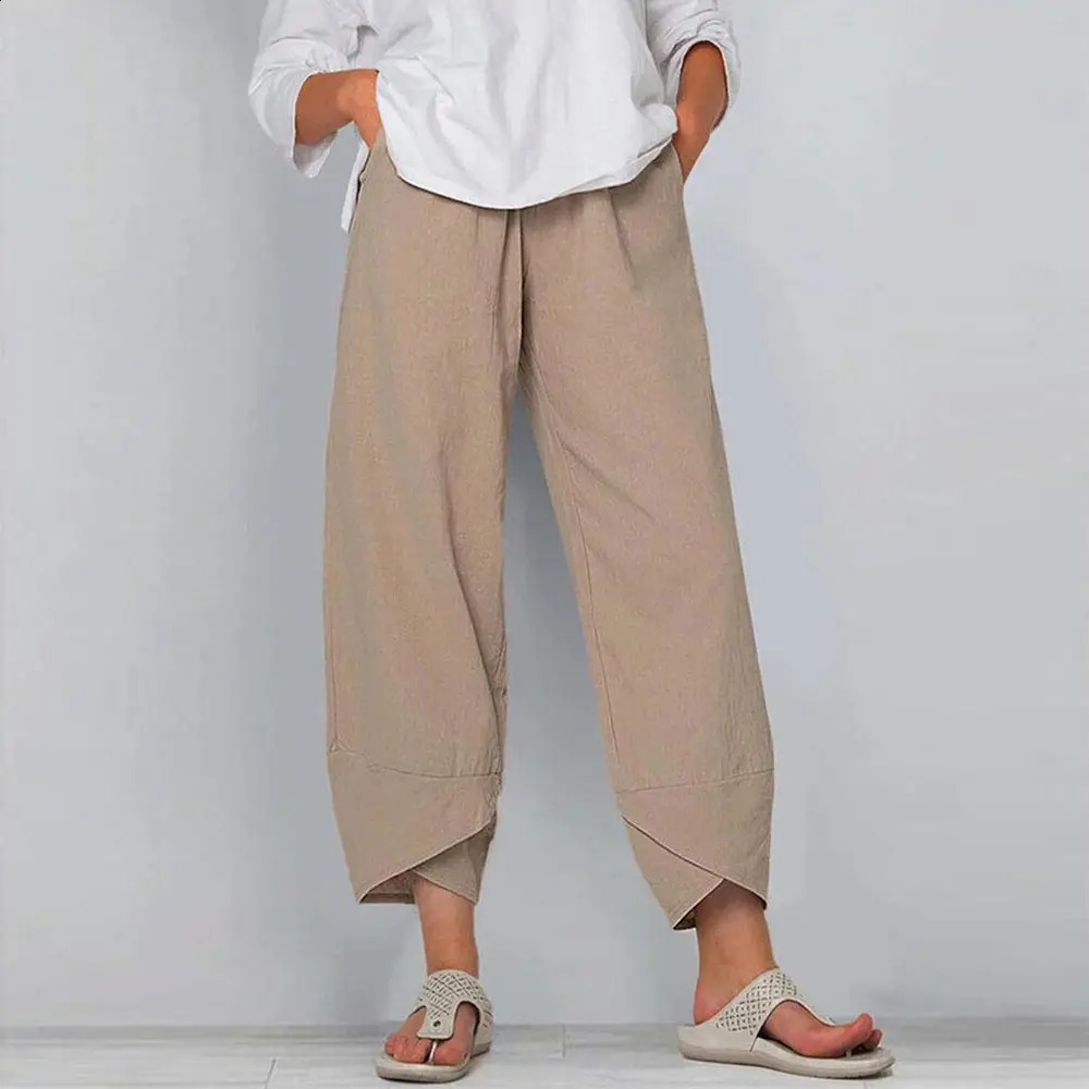 Oversized Womens Solid Cotton Linen Pockets Baggy Casual Harem Pants Ladies Summer Classic Ankle-Length Trousers Plus Size 250813