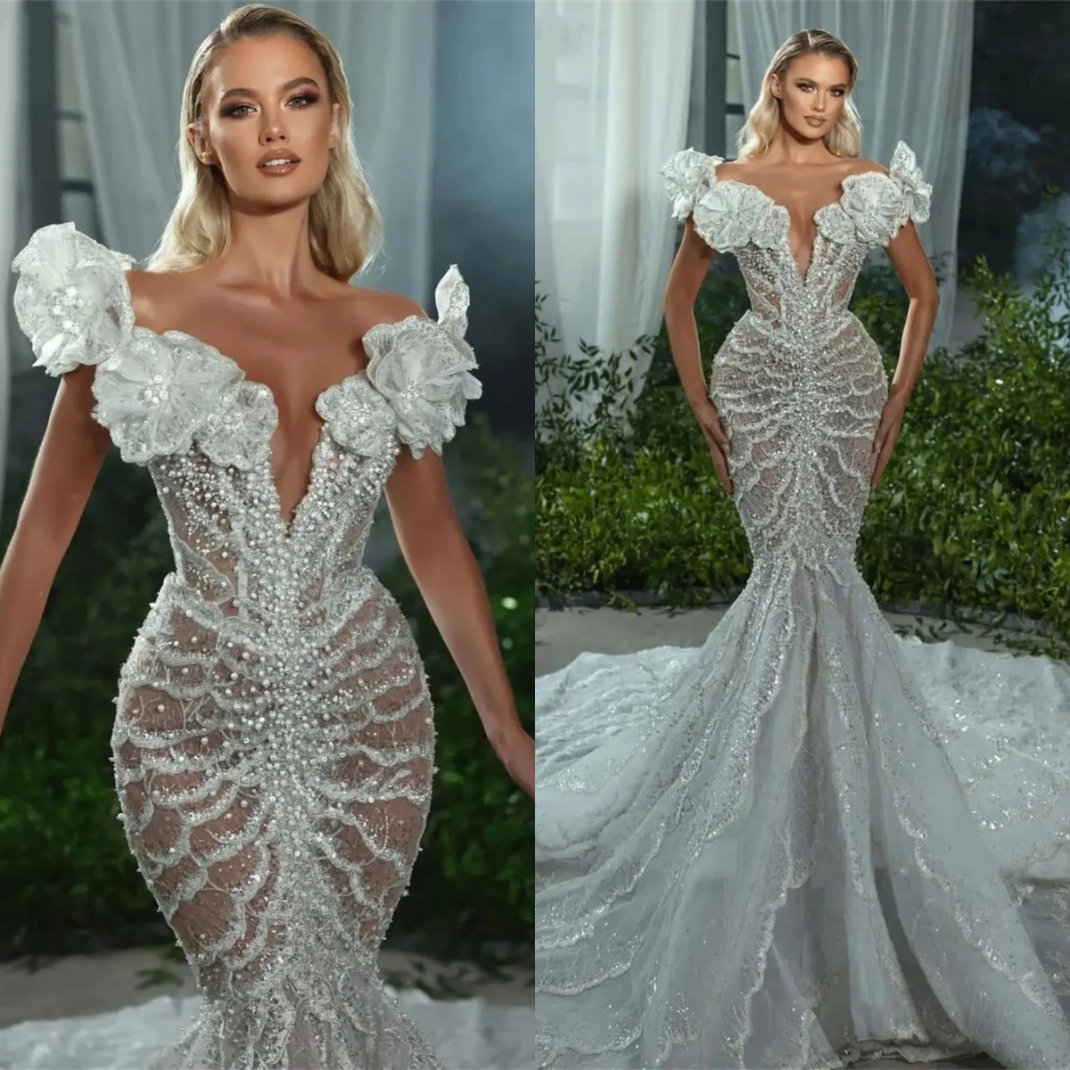Unique Wedding Dresses Pearls Bridal Gowns Sequins Sleeveless V Neck See Through Illusion Mermaid Customized Vestidos De Novia Plus Size