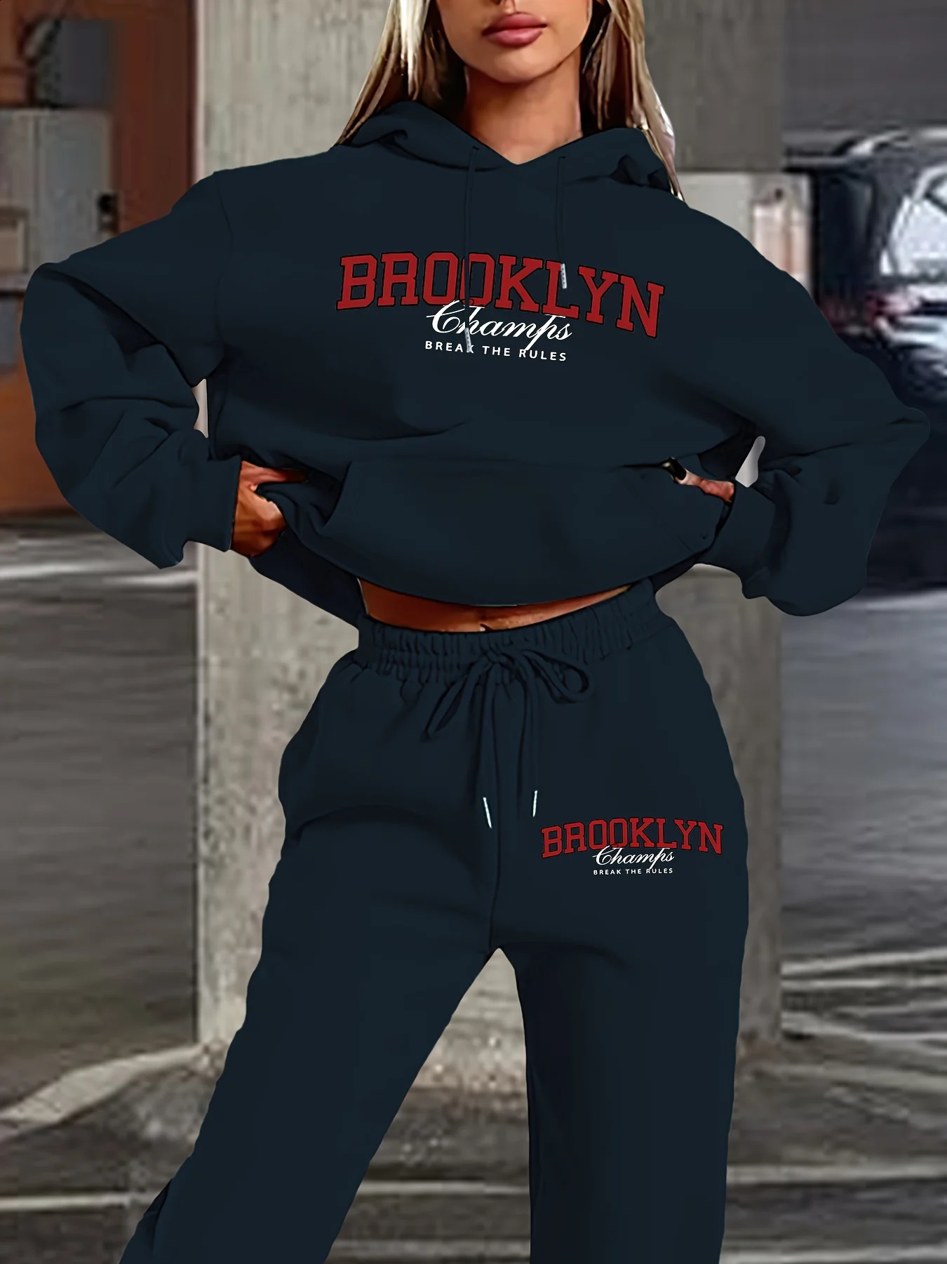 Womens Cool Printed Casual Pants Set Long Sleeve Pocket Hoodie and Drawstring Letter Print Loose Sweatshirt Trousers 250815