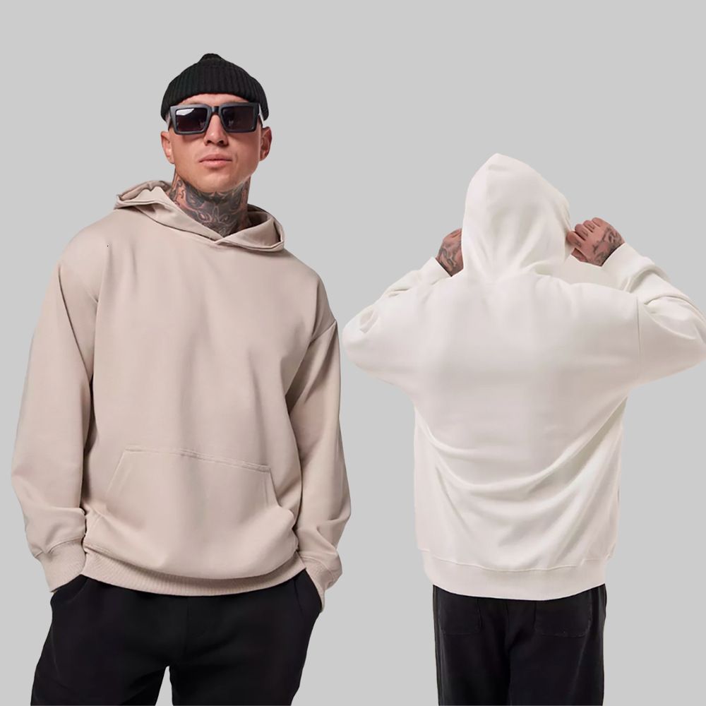 2025 Autumn Winter Terry hoodie Solid Color Hooded Sweatshirt Men's European Version Loose Mid-Length Drop Shoulder Pure Cotton Top
