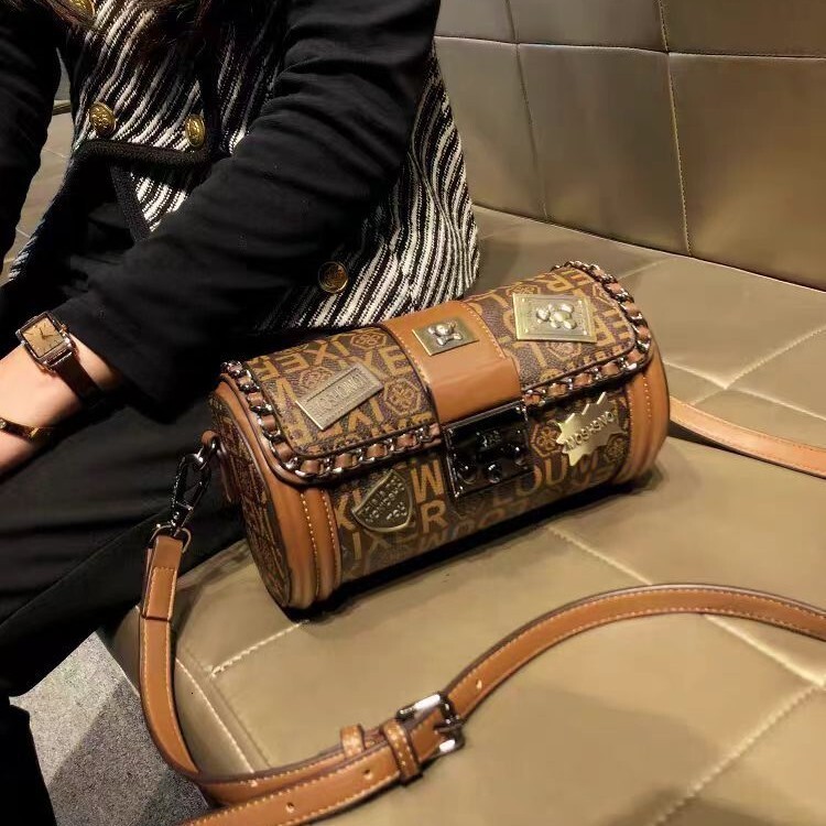 Genuine Leather Trendy Fashion Versatile Badge Cylinder Women's Printed Pillow Bag Single Shoulder Crossbody
