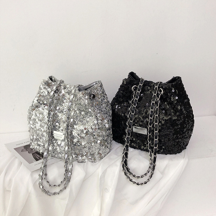 Women's Sequin Shoulder Bag, Chinese-Style Genuine Leather Crossbody Purse - Barrel-Shaped Fashion Handbag with Chain Strap, Flap Pocket, Zipper and