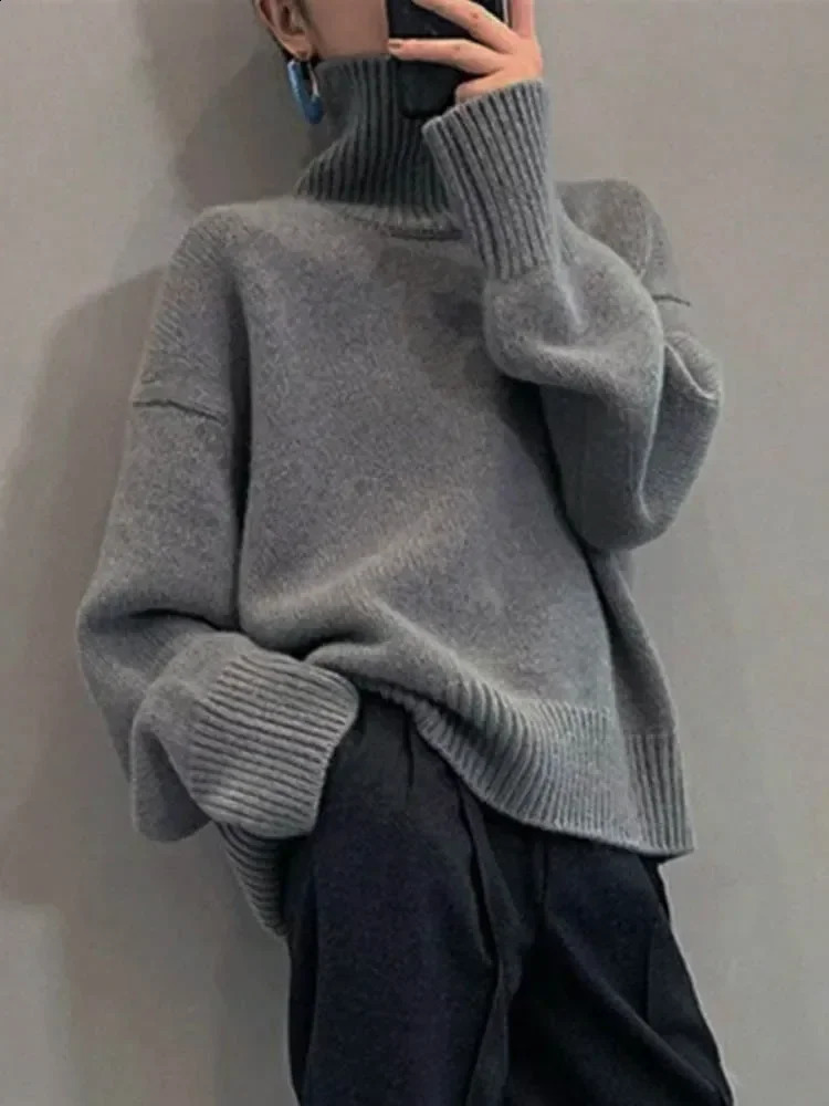 Pull à col roulé pour femmes Automne hiver coréen mode lâche noir manche longue haut couleur solide femme décontractée pulovers 250815