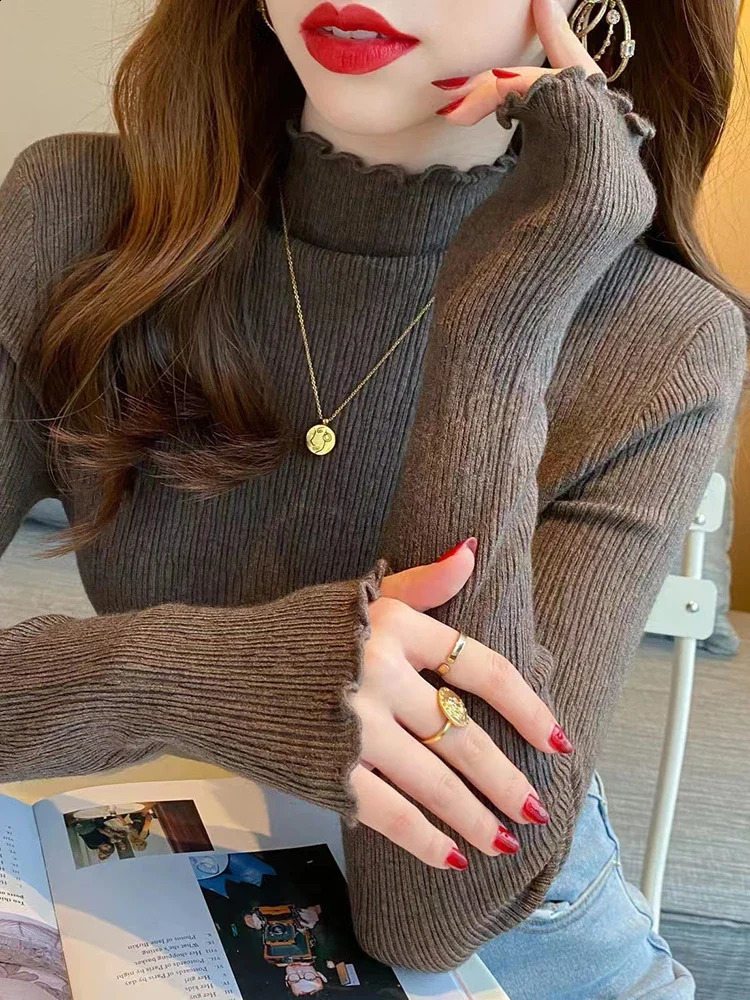 Pull d'hiver d'automne Femmes tricotées pulvérisées Roublé à manches longues Rouffon Turtleneck Slim sauteur Soft Warm Pull Femme 250815