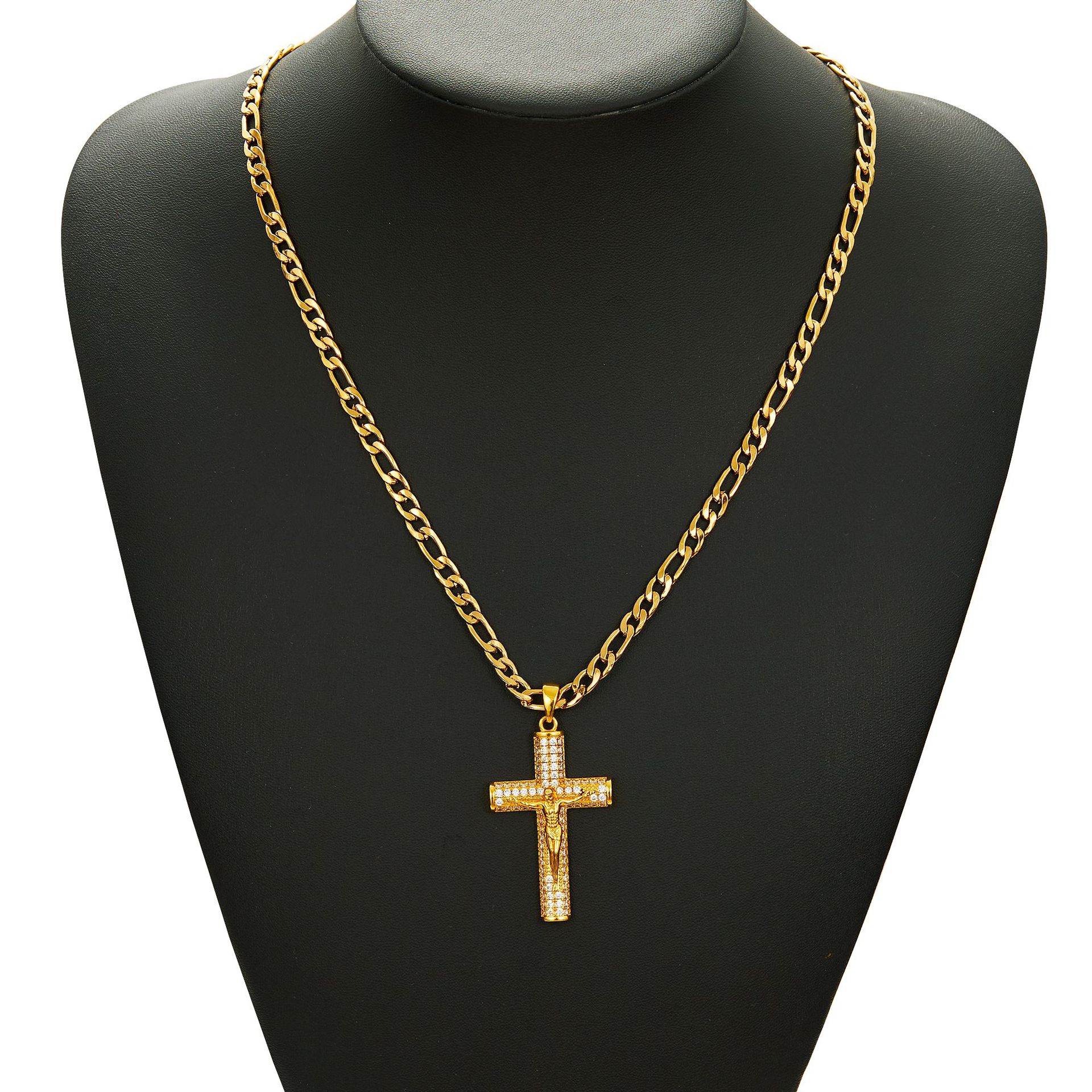 Vintage Hip Hop Stainless Steel Jesus Cross Pendant Necklace 18K Gold Plated Religious Jewelry