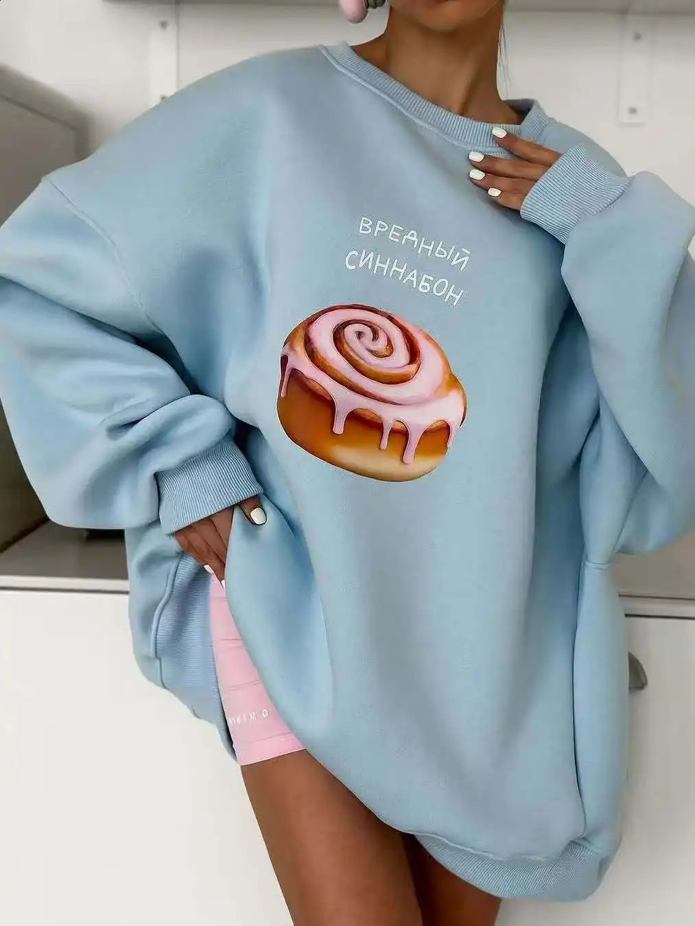 blue Cartoon pastries Russian letter print hip hop O Neck Oversize Sweatshirt Women Thin Spring Hoodies American Casual Top 250815