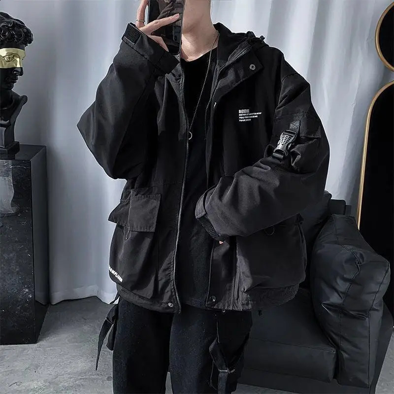 Tactical Hip Hop Cargo Techwear Jackets Coats Streetwear Cardigan Casual Bomber Outerwear Hooded Letter Multi-pocket for Men 250811