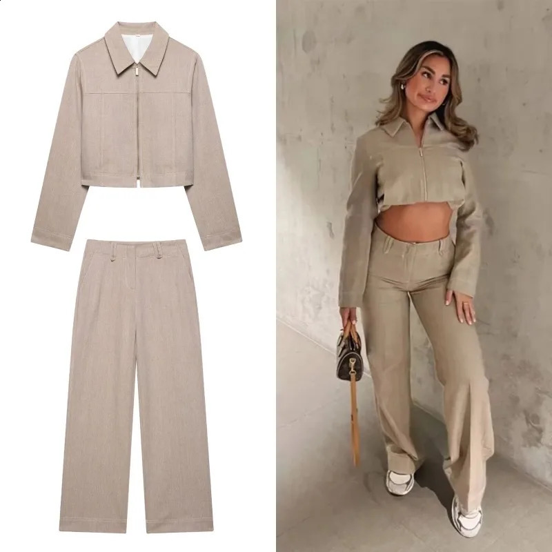 Pantalon décontracté set les femmes à glissière à revers en lin en coton.