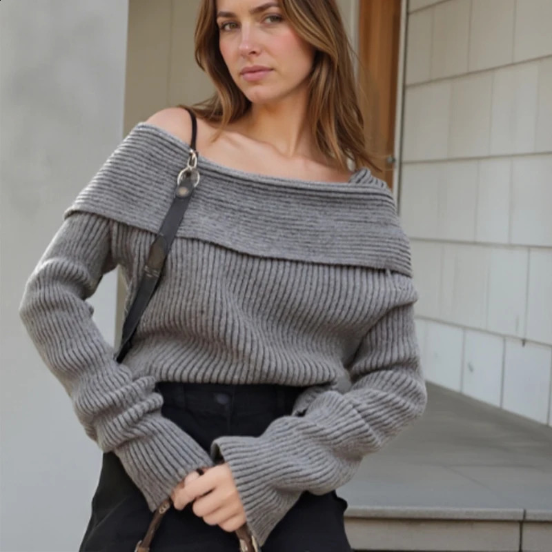 Autumn Korean Style Off Shoulder Sweater Fashion Elegant Slim Fit Long Sleeve Knitted Pullover Sweet Grey Tops 8603 250815