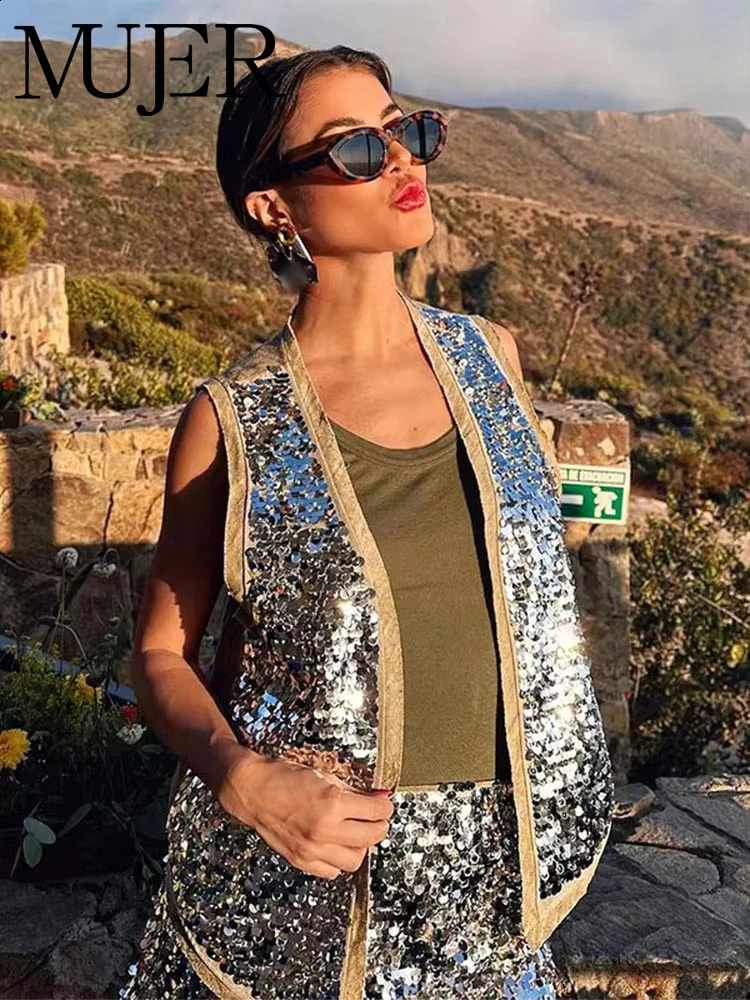 Mujer Sequin Sans manches gilets pour les femmes glitter ouverte Viette Femme Automne gilet haut haut de gamme Femmes Femmes Viete sur mesure 250