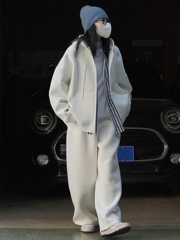Spring Autumn Fashion Twopiece Set Women Grey Tracksuit Hooded Sweatshirt CoatDrawstring Wide Leg Sweatpants Sport Suits 250815