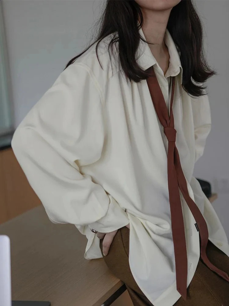 Autumn Minimalist Long Sleeve Button Up Shirt Women Korean Style Solid Tie Oversize Shirts Blouse Loose Clothes Tops 250813