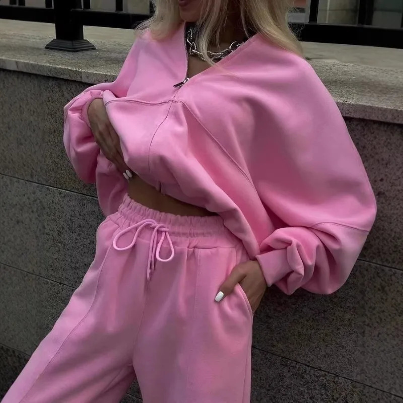 Winter Sweat Suit Set Pink Women Zipper Hoodies 2 Two Pieces Outfit Pants Casual Loose Warm Tracksuits Sport Hooded 250815