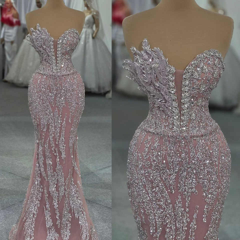 Robe de soirée sexy sans manches à paillettes sans bretelles en dentelle perle en dentelle de bal robes de fête de sol robes de fête personnalisé