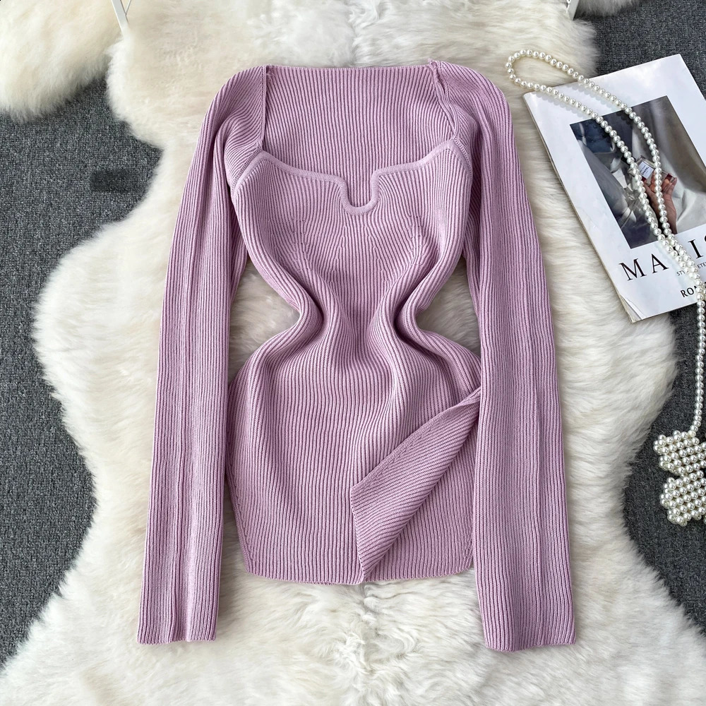 2026 Autumn Women Fashion Sqaure Collar Long Sleeve Knitted Pullover Solid Color Multi Elastic Tops Sweater 250815