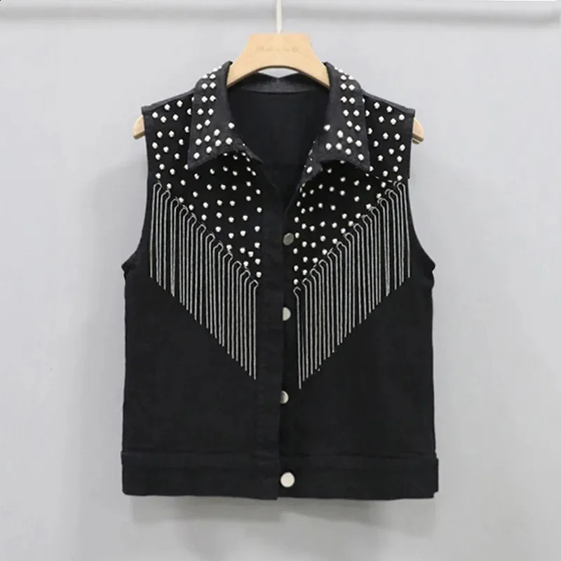 Women Sleeveless Short Jean Coat Female Single Breasted Black White Rivet Tassel Denim Vest Sleeveless Waistcoat Jacket 250811