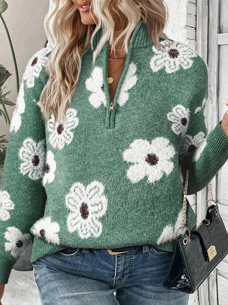 Plus Size Casual Womens Comfort Sweater Printed Pattern Drop Shoulder With Zip Crew Neck Pullover 250815