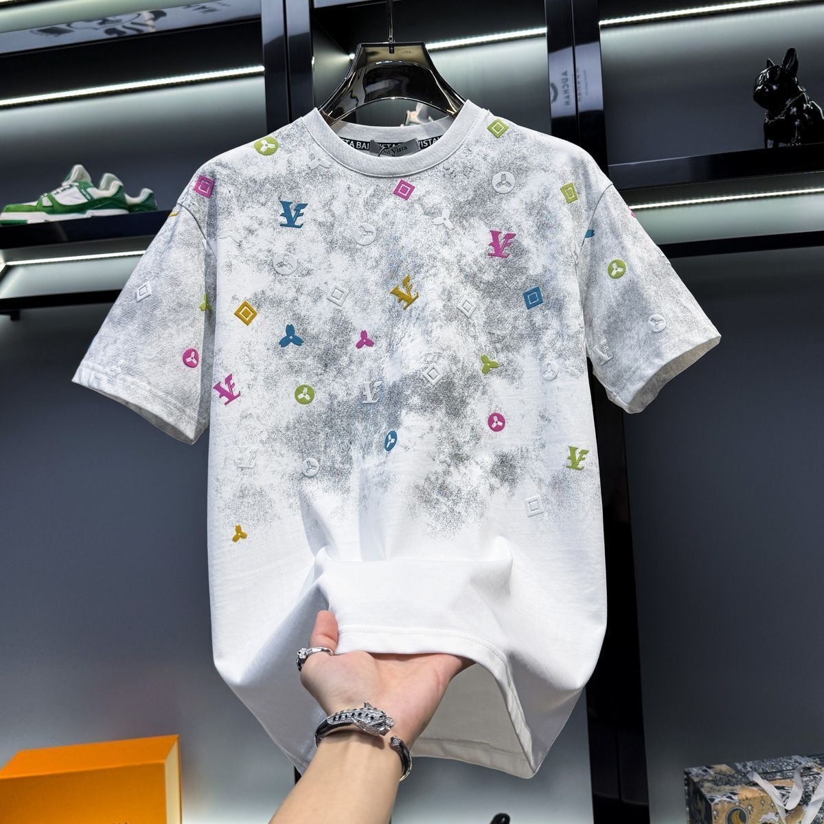 Spring and summer of 2025 the new men's heavy T-shirt with short sleeves full of printed presbyopia trendy brand versatile round neck shirt and