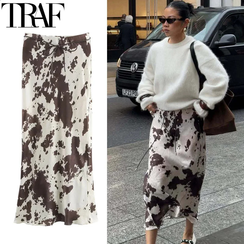 TRAF Woman Skirts Vintage Print Long Skirts For Women Tie Dye Summer Satin Skirt Belt High Waist Elegant Womens Skirts 250811