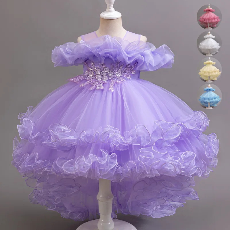 Robe princesse de la demoiselle d'honneur à fleurs violettes pour les enfants Costumes de fête de fête de fête de fête des filles robe de mariage